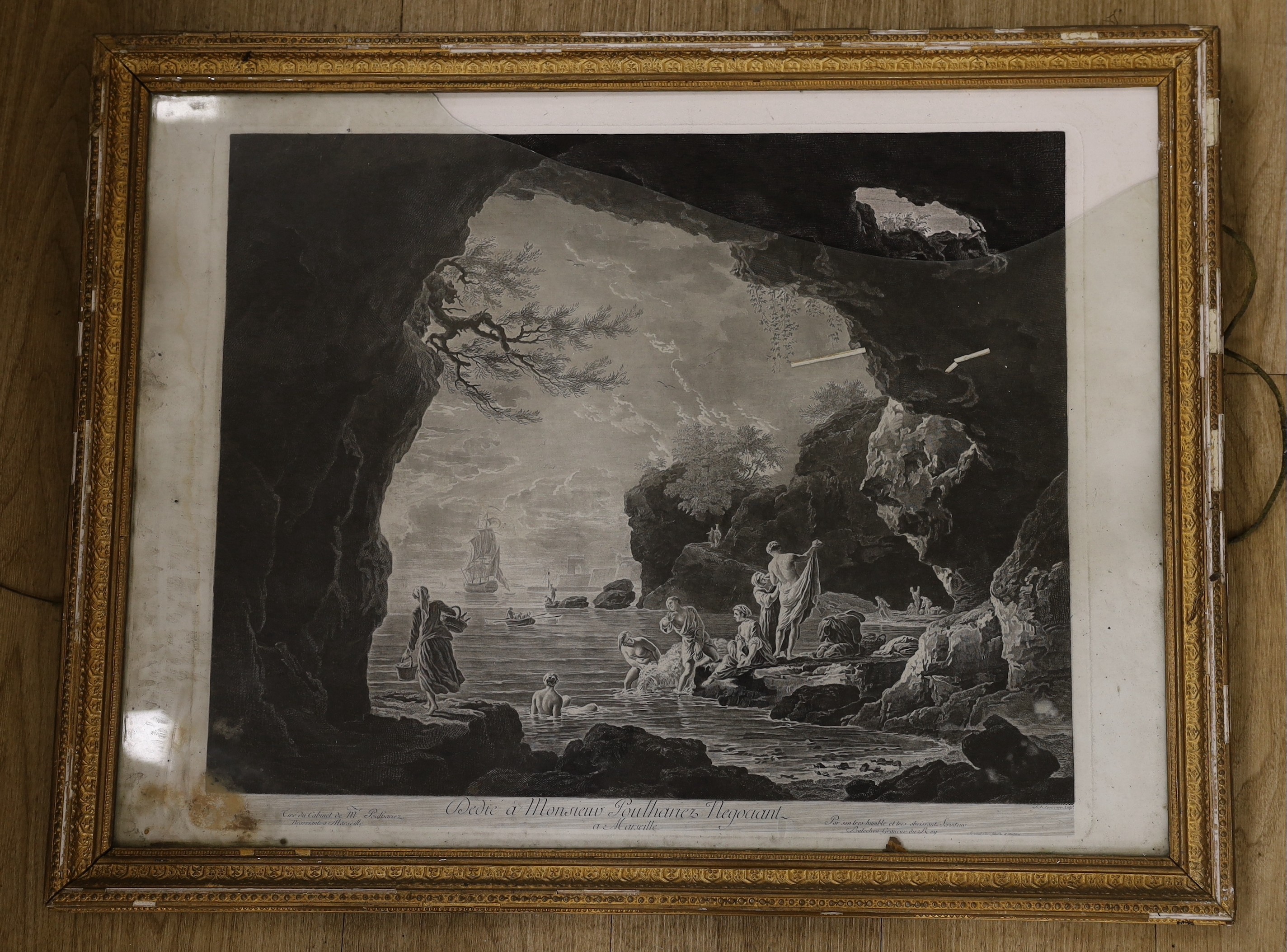 18th century French School, engraving, Bathers beside sea cliffs, inscribed in French, overall 52 x 70cm